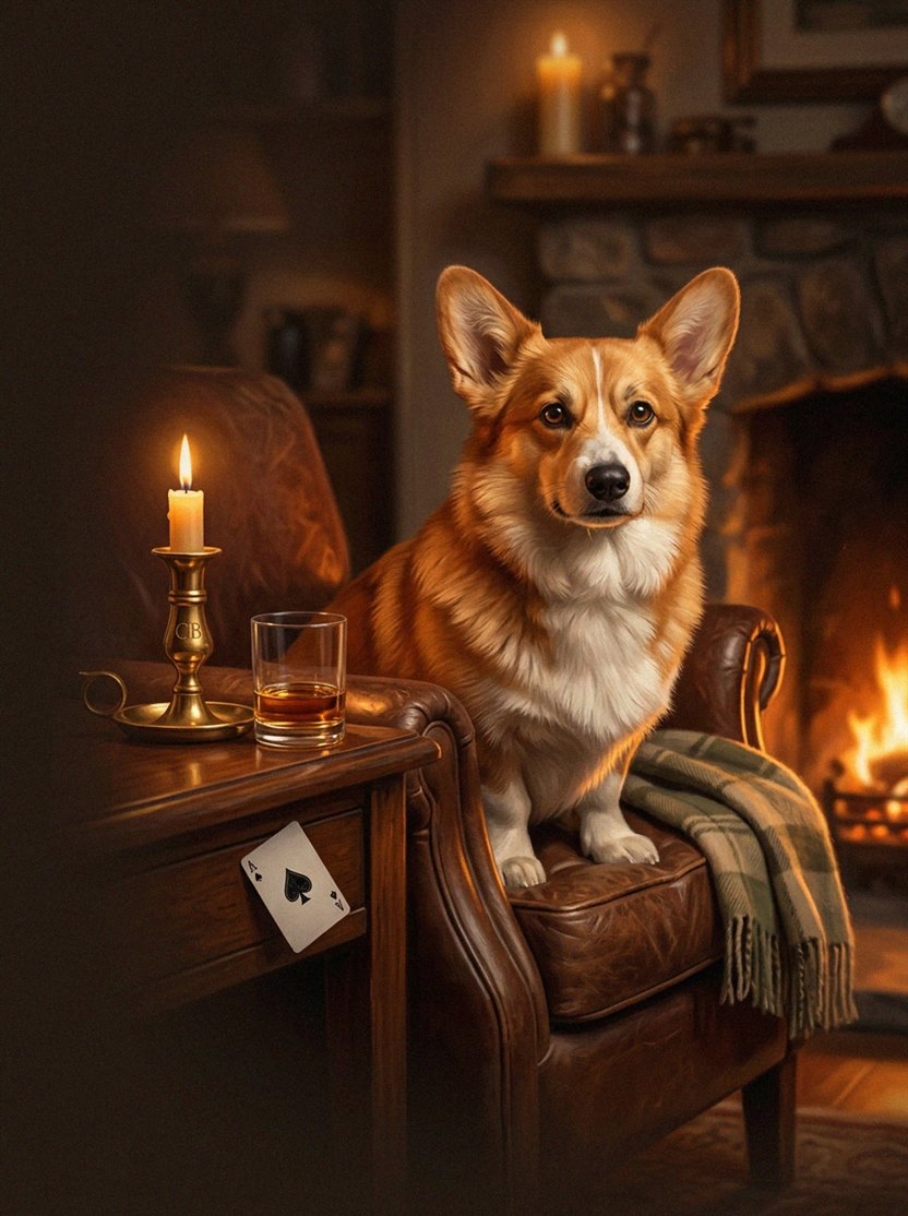 Corgi character with playing cards and casino chips
